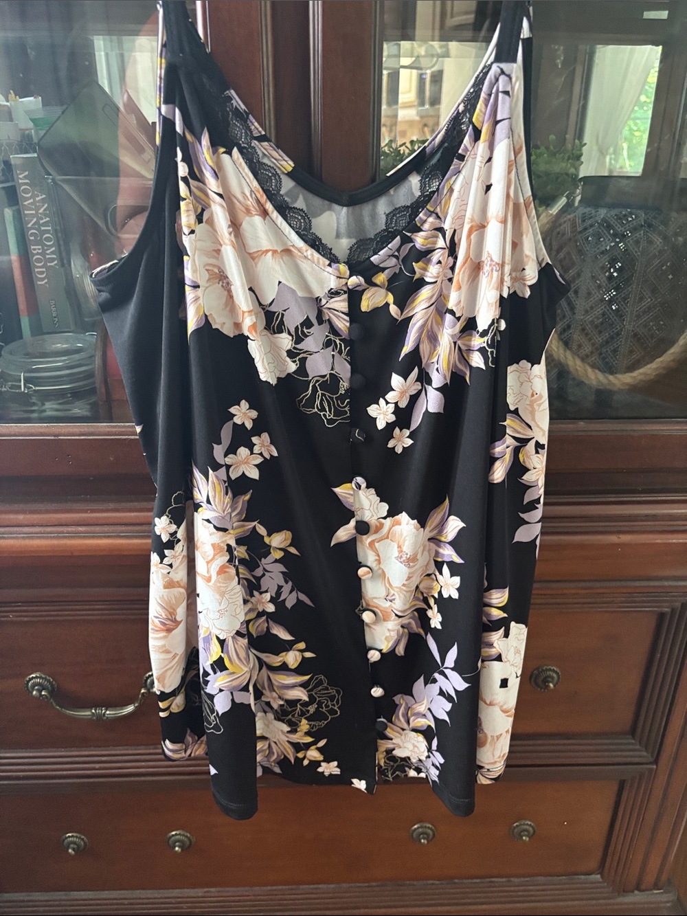 torrid Black Floral Button-Front Camisole with Cream & Lavender Flowers